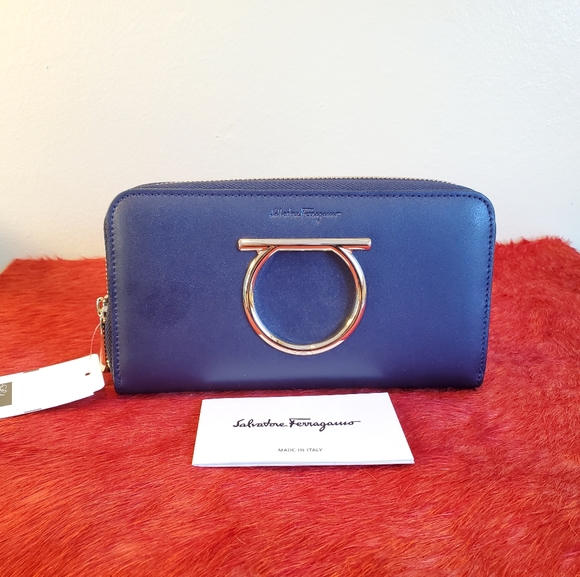 Salvatore Ferragamo Handbags - NWT $695 Ferragamo Gancini Logo Long Zip Around Blue Bag Continental Wallet